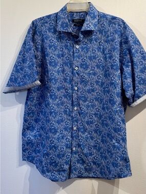 Bugatchi indigo Axel Floral Design Short Sleeve Button-Down Shirt large NWOT